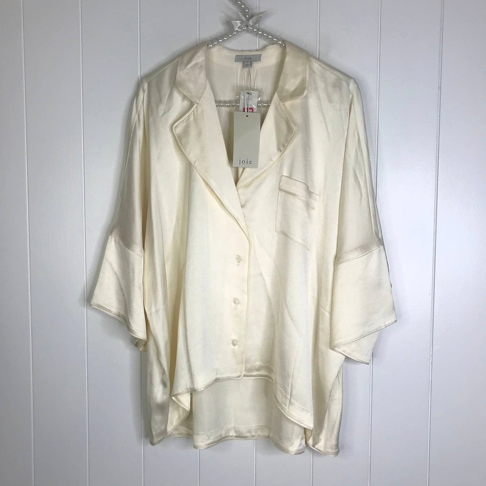 Joie $248 Desmonda Cream Silky High/Low Button Front Blouse Sz L Nwt